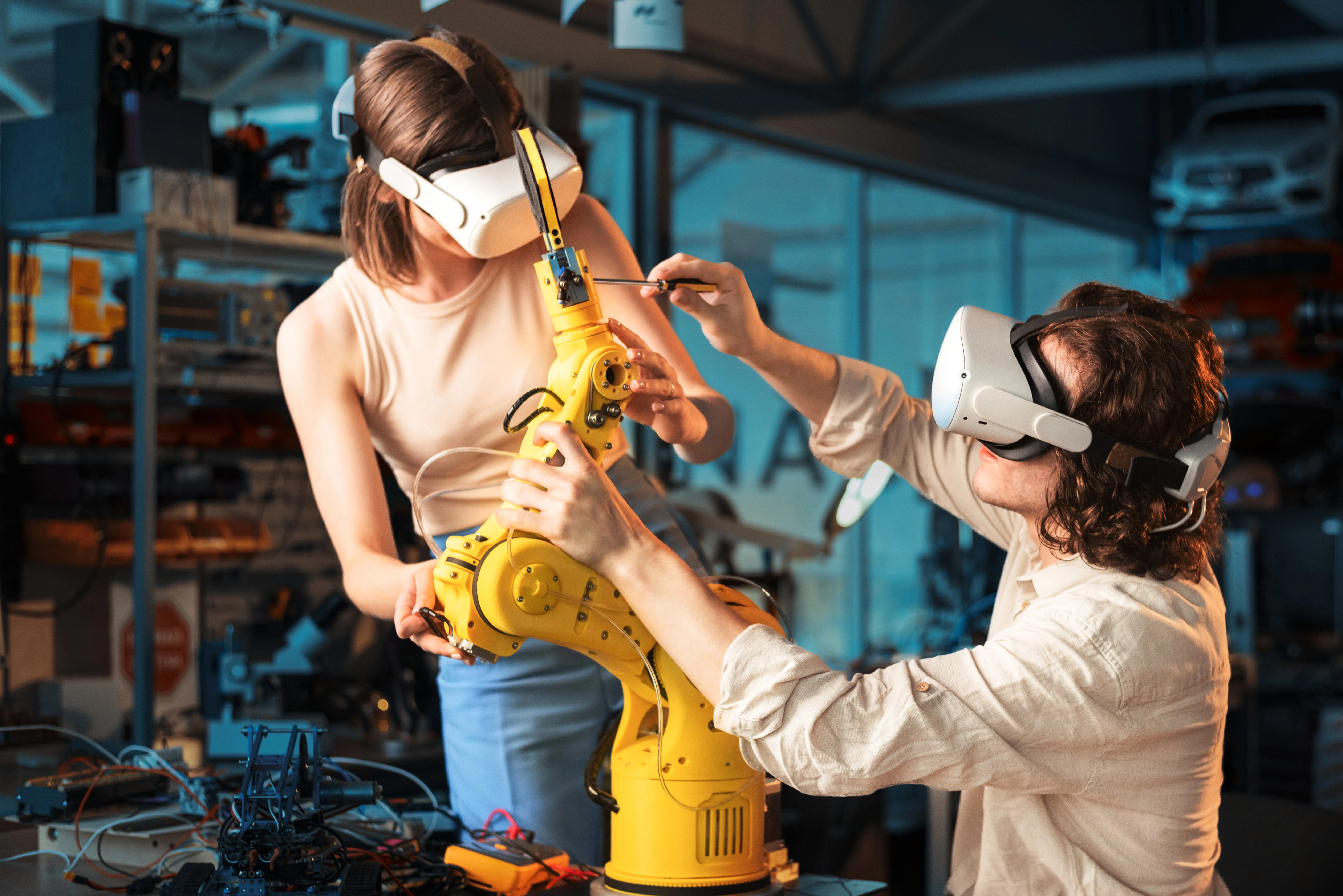 Engineers reviewing an industrial environment using VR headsets for immersive design review